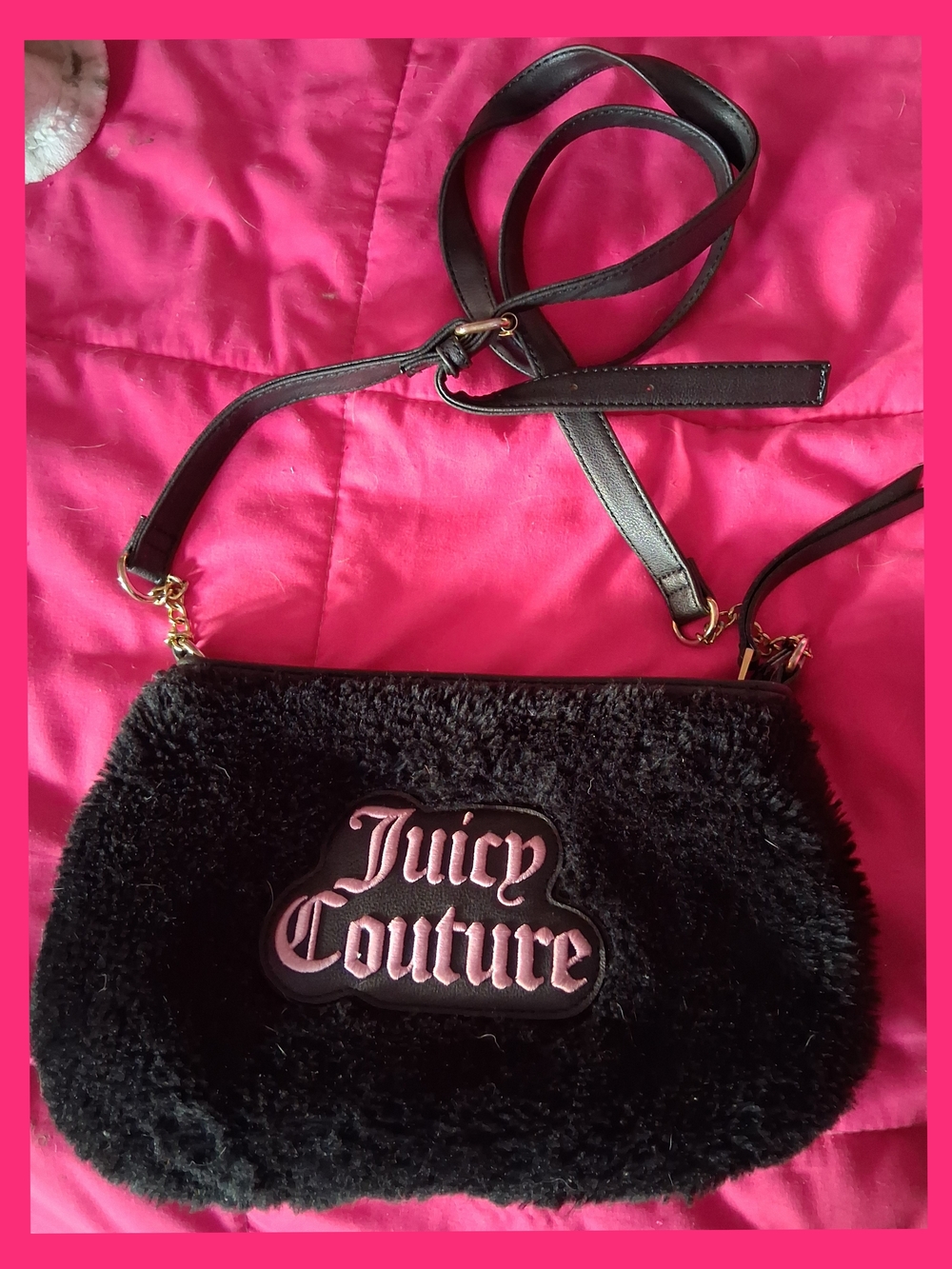 Juicy Couture Black Faux Fur Crossbody with Pink Logo Patch